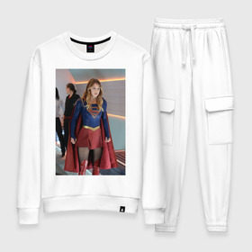 Женский костюм хлопок с принтом Supergirl в Петрозаводске, 100% хлопок | на свитшоте круглая горловина, мягкая резинка по низу. Брюки заужены к низу, на них два вида карманов: два 