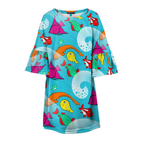 Детское платье 3D с принтом рыбки и море паттерн в Петрозаводске, 100% полиэстер | прямой силуэт, чуть расширенный к низу. Круглая горловина, на рукавах — воланы | бирюзовый | девочке | море | на лето | подарок | подростку | позитив | рыбки | яркая вещь
