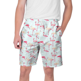 Мужские шорты 3D с принтом Фламинго в Петрозаводске,  полиэстер 100% | прямой крой, два кармана без застежек по бокам. Мягкая трикотажная резинка на поясе, внутри которой широкие завязки. Длина чуть выше колен | красный | птица | розовая птица | розовый | фламинго