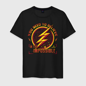 Мужская футболка хлопок с принтом Believe In The Impossible в Петрозаводске, 100% хлопок | прямой крой, круглый вырез горловины, длина до линии бедер, слегка спущенное плечо. | the flash | vdzabma | флэш