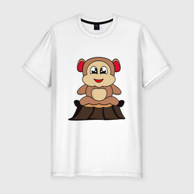 Мужская футболка хлопок Slim с принтом обезьяна в Петрозаводске, 92% хлопок, 8% лайкра | приталенный силуэт, круглый вырез ворота, длина до линии бедра, короткий рукав | детские | животные | звери | картинки | милый | мультфильмы | обезьяна | пень | популярные | прикольные | смешные | счастливый