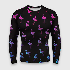 Мужской рашгард 3D с принтом Фламинго в Петрозаводске,  |  | Тематика изображения на принте: крылья | лапы | пернатый | перо | перья | птица | птицы | птичка | розовый | розовый фламинго | фламинго | черный