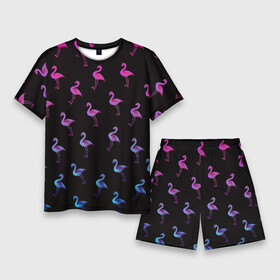 Мужской костюм с шортами 3D с принтом Фламинго в Петрозаводске,  |  | крылья | лапы | пернатый | перо | перья | птица | птицы | птичка | розовый | розовый фламинго | фламинго | черный