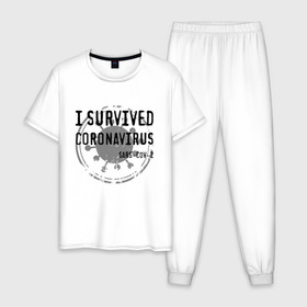 Мужская пижама хлопок с принтом I SURVIVED CORONAVIRUS в Петрозаводске, 100% хлопок | брюки и футболка прямого кроя, без карманов, на брюках мягкая резинка на поясе и по низу штанин
 | Тематика изображения на принте: coronavirus | covid | covid 19 | covid19 | epidemic | ncov | pandemic | quarantine | survived | вирус | карантин | корона | коронавирус | пандемия | пережил | пережила | пересидел | пересидела | эпидемия