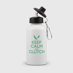 Бутылка спортивная с принтом KEEP CALM CLUTCH в Петрозаводске, металл | емкость — 500 мл, в комплекте две пластиковые крышки и карабин для крепления | breach | cs go | cypher | jett | league of legends | legends of runeterra | lol | omen | overwatch | phoenix | riot | riot games | sage | sona | sova | valorant | viper | валорант | кс го | лига легенд | лол