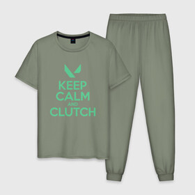 Мужская пижама хлопок с принтом KEEP CALM CLUTCH в Петрозаводске, 100% хлопок | брюки и футболка прямого кроя, без карманов, на брюках мягкая резинка на поясе и по низу штанин
 | breach | cs go | cypher | jett | league of legends | legends of runeterra | lol | omen | overwatch | phoenix | riot | riot games | sage | sona | sova | valorant | viper | валорант | кс го | лига легенд | лол