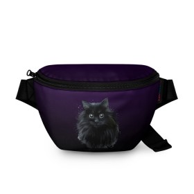 Поясная сумка 3D с принтом черный кот на фиолетовом фоне в Петрозаводске, 100% полиэстер | плотная ткань, ремень с регулируемой длиной, внутри несколько карманов для мелочей, основное отделение и карман с обратной стороны сумки застегиваются на молнию | акварель | глаза | клево | котейка | котенок | котик | котэ | кошак | кошка | красиво | любителю кошек | модно | мяу | подарок | пушистый | рисунок | стильно | темный | черный кот | шерсть
