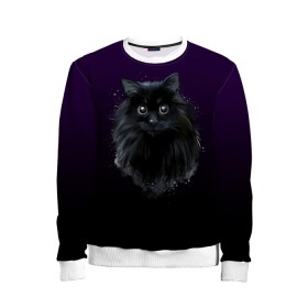 Детский свитшот 3D с принтом черный кот на фиолетовом фоне в Петрозаводске, 100% полиэстер | свободная посадка, прямой крой, мягкая тканевая резинка на рукавах и понизу свитшота | акварель | глаза | клево | котейка | котенок | котик | котэ | кошак | кошка | красиво | любителю кошек | модно | мяу | подарок | пушистый | рисунок | стильно | темный | черный кот | шерсть