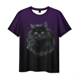 Мужская футболка 3D с принтом черный кот на фиолетовом фоне в Петрозаводске, 100% полиэфир | прямой крой, круглый вырез горловины, длина до линии бедер | Тематика изображения на принте: акварель | глаза | клево | котейка | котенок | котик | котэ | кошак | кошка | красиво | любителю кошек | модно | мяу | подарок | пушистый | рисунок | стильно | темный | черный кот | шерсть