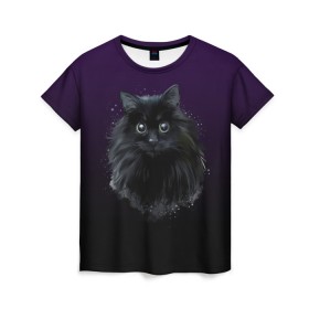 Женская футболка 3D с принтом черный кот на фиолетовом фоне в Петрозаводске, 100% полиэфир ( синтетическое хлопкоподобное полотно) | прямой крой, круглый вырез горловины, длина до линии бедер | акварель | глаза | клево | котейка | котенок | котик | котэ | кошак | кошка | красиво | любителю кошек | модно | мяу | подарок | пушистый | рисунок | стильно | темный | черный кот | шерсть