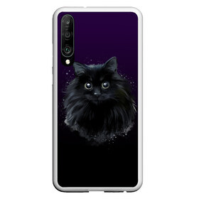 Чехол для Honor P30 с принтом черный кот на фиолетовом фоне в Петрозаводске, Силикон | Область печати: задняя сторона чехла, без боковых панелей | акварель | глаза | клево | котейка | котенок | котик | котэ | кошак | кошка | красиво | любителю кошек | модно | мяу | подарок | пушистый | рисунок | стильно | темный | черный кот | шерсть