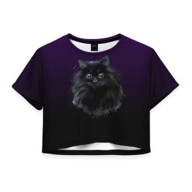Женская футболка Crop-top 3D с принтом черный кот на фиолетовом фоне в Петрозаводске, 100% полиэстер | круглая горловина, длина футболки до линии талии, рукава с отворотами | акварель | глаза | клево | котейка | котенок | котик | котэ | кошак | кошка | красиво | любителю кошек | модно | мяу | подарок | пушистый | рисунок | стильно | темный | черный кот | шерсть