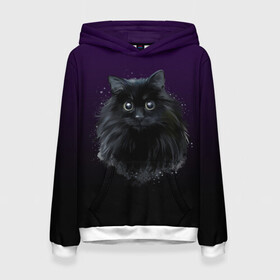Женская толстовка 3D с принтом черный кот на фиолетовом фоне в Петрозаводске, 100% полиэстер  | двухслойный капюшон со шнурком для регулировки, мягкие манжеты на рукавах и по низу толстовки, спереди карман-кенгуру с мягким внутренним слоем. | акварель | глаза | клево | котейка | котенок | котик | котэ | кошак | кошка | красиво | любителю кошек | модно | мяу | подарок | пушистый | рисунок | стильно | темный | черный кот | шерсть