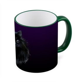 Кружка с принтом черный кот на фиолетовом фоне в Петрозаводске, керамика | ёмкость 330 мл | акварель | глаза | клево | котейка | котенок | котик | котэ | кошак | кошка | красиво | любителю кошек | модно | мяу | подарок | пушистый | рисунок | стильно | темный | черный кот | шерсть
