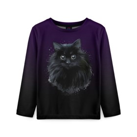 Детский лонгслив 3D с принтом черный кот на фиолетовом фоне в Петрозаводске, 100% полиэстер | длинные рукава, круглый вырез горловины, полуприлегающий силуэт
 | акварель | глаза | клево | котейка | котенок | котик | котэ | кошак | кошка | красиво | любителю кошек | модно | мяу | подарок | пушистый | рисунок | стильно | темный | черный кот | шерсть