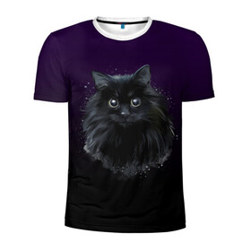 Мужская футболка 3D спортивная с принтом черный кот на фиолетовом фоне в Петрозаводске, 100% полиэстер с улучшенными характеристиками | приталенный силуэт, круглая горловина, широкие плечи, сужается к линии бедра | акварель | глаза | клево | котейка | котенок | котик | котэ | кошак | кошка | красиво | любителю кошек | модно | мяу | подарок | пушистый | рисунок | стильно | темный | черный кот | шерсть