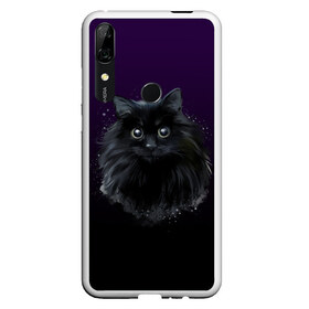 Чехол для Honor P Smart Z с принтом черный кот на фиолетовом фоне в Петрозаводске, Силикон | Область печати: задняя сторона чехла, без боковых панелей | акварель | глаза | клево | котейка | котенок | котик | котэ | кошак | кошка | красиво | любителю кошек | модно | мяу | подарок | пушистый | рисунок | стильно | темный | черный кот | шерсть