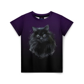 Детская футболка 3D с принтом черный кот на фиолетовом фоне в Петрозаводске, 100% гипоаллергенный полиэфир | прямой крой, круглый вырез горловины, длина до линии бедер, чуть спущенное плечо, ткань немного тянется | акварель | глаза | клево | котейка | котенок | котик | котэ | кошак | кошка | красиво | любителю кошек | модно | мяу | подарок | пушистый | рисунок | стильно | темный | черный кот | шерсть