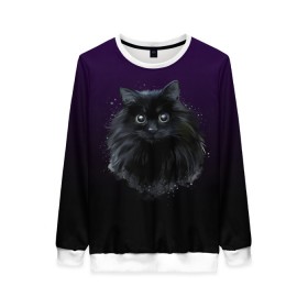 Женский свитшот 3D с принтом черный кот на фиолетовом фоне в Петрозаводске, 100% полиэстер с мягким внутренним слоем | круглый вырез горловины, мягкая резинка на манжетах и поясе, свободная посадка по фигуре | акварель | глаза | клево | котейка | котенок | котик | котэ | кошак | кошка | красиво | любителю кошек | модно | мяу | подарок | пушистый | рисунок | стильно | темный | черный кот | шерсть