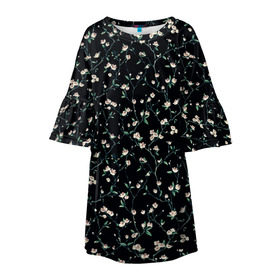 Детское платье 3D с принтом Сакура на черном в Петрозаводске, 100% полиэстер | прямой силуэт, чуть расширенный к низу. Круглая горловина, на рукавах — воланы | сакура | узоры | цветы | черная
