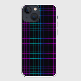 Чехол для iPhone 13 mini с принтом Neon cell в Петрозаводске,  |  | геометрия | градиент | квадраты | клетка | клетчатый | линии | неоновый | полосы | популярный | разноцветный | решетка | сетка | текстура | фиолетовый | шотландка | яркий
