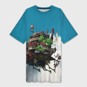 Платье-футболка 3D с принтом Ходячий замок в облаках в Петрозаводске,  |  | ведьма пустоши | кальцифер | маркл | пугало | пугало репка | софи | софи хаттер | хаул | хаул пендрагон | ходячий замок | ходячий замок хаула