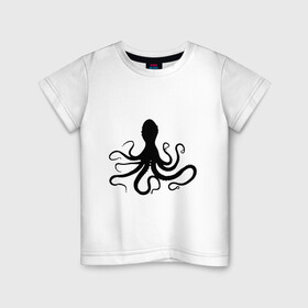 Детская футболка хлопок с принтом Осьминог в Петрозаводске, 100% хлопок | круглый вырез горловины, полуприлегающий силуэт, длина до линии бедер | животные | жители | звери | картинки | лето | морские | осьминог | прикольные | силуэт | щупальце