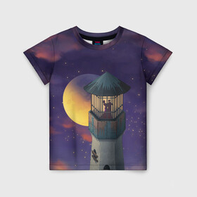 Детская футболка 3D с принтом To the Moon 3D в Петрозаводске, 100% гипоаллергенный полиэфир | прямой крой, круглый вырез горловины, длина до линии бедер, чуть спущенное плечо, ткань немного тянется | Тематика изображения на принте: lighthouse | moon | night | pair | silhouettes | stars | to the moon | звёзды | луна | маяк | ночь | пара | силуэты