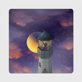 Магнит виниловый Квадрат с принтом To the Moon 3D в Петрозаводске, полимерный материал с магнитным слоем | размер 9*9 см, закругленные углы | lighthouse | moon | night | pair | silhouettes | stars | to the moon | звёзды | луна | маяк | ночь | пара | силуэты