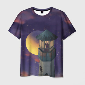 Мужская футболка 3D с принтом To the Moon 3D в Петрозаводске, 100% полиэфир | прямой крой, круглый вырез горловины, длина до линии бедер | lighthouse | moon | night | pair | silhouettes | stars | to the moon | звёзды | луна | маяк | ночь | пара | силуэты