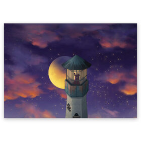 Поздравительная открытка с принтом To the Moon 3D в Петрозаводске, 100% бумага | плотность бумаги 280 г/м2, матовая, на обратной стороне линовка и место для марки
 | lighthouse | moon | night | pair | silhouettes | stars | to the moon | звёзды | луна | маяк | ночь | пара | силуэты