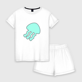 Женская пижама с шортиками хлопок с принтом Медуза в Петрозаводске, 100% хлопок | футболка прямого кроя, шорты свободные с широкой мягкой резинкой | бирюзовый | вода | желе | медуза | море | океан | плавать