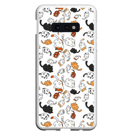Чехол для Samsung S10E с принтом кошачьи валяния в Петрозаводске, Силикон | Область печати: задняя сторона чехла, без боковых панелей | белая кошка | белый | кот | кошачьи потягушки | кошка | милая мордочка | милота | рыжая кошка | рыжий | чёрная кошка | чёрный