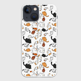 Чехол для iPhone 13 mini с принтом кошачьи валяния в Петрозаводске,  |  | белая кошка | белый | кот | кошачьи потягушки | кошка | милая мордочка | милота | рыжая кошка | рыжий | чёрная кошка | чёрный