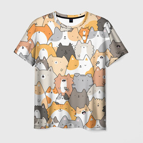 Мужская футболка 3D с принтом Кошачья стая в Петрозаводске, 100% полиэфир | прямой крой, круглый вырез горловины, длина до линии бедер | кот | кошка. коты | кошки | кремовый | много животных | рыжий | серий | черный