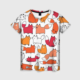 Женская футболка 3D с принтом Милые лисы в Петрозаводске, 100% полиэфир ( синтетическое хлопкоподобное полотно) | прямой крой, круглый вырез горловины, длина до линии бедер | белый | красный | лиса | лисы | много животных | много зверей | рыжий
