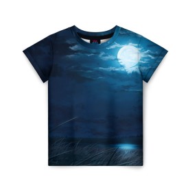 Детская футболка 3D с принтом Ночное поле в Петрозаводске, 100% гипоаллергенный полиэфир | прямой крой, круглый вырез горловины, длина до линии бедер, чуть спущенное плечо, ткань немного тянется | луна | небо | ночь | облака | поле