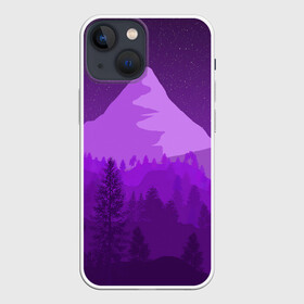 Чехол для iPhone 13 mini с принтом Ночные горы в Петрозаводске,  |  | горы | звёздное небо | звёзды | лес | небо | ночь | фиолетовый