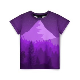 Детская футболка 3D с принтом Ночные горы в Петрозаводске, 100% гипоаллергенный полиэфир | прямой крой, круглый вырез горловины, длина до линии бедер, чуть спущенное плечо, ткань немного тянется | горы | звёздное небо | звёзды | лес | небо | ночь | фиолетовый