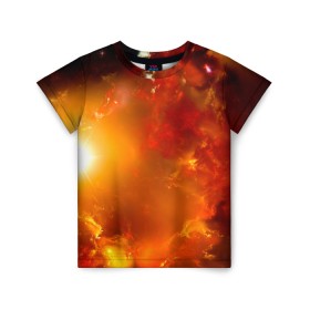 Детская футболка 3D с принтом Солнечное облако в Петрозаводске, 100% гипоаллергенный полиэфир | прямой крой, круглый вырез горловины, длина до линии бедер, чуть спущенное плечо, ткань немного тянется | звёзды | космос | огонь | оранжевый | супер новая | туманность