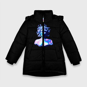 Зимняя куртка для девочек 3D с принтом WAPORWAVE в Петрозаводске, ткань верха — 100% полиэстер; подклад — 100% полиэстер, утеплитель — 100% полиэстер. | длина ниже бедра, удлиненная спинка, воротник стойка и отстегивающийся капюшон. Есть боковые карманы с листочкой на кнопках, утяжки по низу изделия и внутренний карман на молнии. 

Предусмотрены светоотражающий принт на спинке, радужный светоотражающий элемент на пуллере молнии и на резинке для утяжки. | Тематика изображения на принте: waporwave | блеск | голография | медуза
