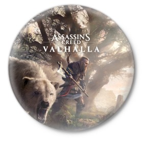 Значок с принтом Assassin’s Creed Valhalla в Петрозаводске,  металл | круглая форма, металлическая застежка в виде булавки | action | creed | eivor | rpg | ubisoft | valhalla | viking | vikings | англия | ассасин | ассасина | вальгалла | викинг | викинги | кредо | эйвор