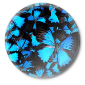 Значок с принтом Рой бабочек в Петрозаводске,  металл | круглая форма, металлическая застежка в виде булавки | бабочки | рой | синий | черный