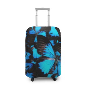 Чехол для чемодана 3D с принтом Рой бабочек в Петрозаводске, 86% полиэфир, 14% спандекс | двустороннее нанесение принта, прорези для ручек и колес | бабочки | рой | синий | черный