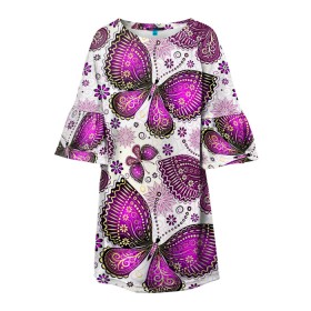Детское платье 3D с принтом Фиолетовые бабочки в Петрозаводске, 100% полиэстер | прямой силуэт, чуть расширенный к низу. Круглая горловина, на рукавах — воланы | Тематика изображения на принте: бабочка | фиолетовый | цветы