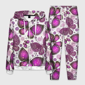 Мужской костюм 3D с принтом Фиолетовые бабочки в Петрозаводске, 100% полиэстер | Манжеты и пояс оформлены тканевой резинкой, двухслойный капюшон со шнурком для регулировки, карманы спереди | Тематика изображения на принте: бабочка | фиолетовый | цветы
