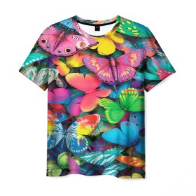 Мужская футболка 3D с принтом Радужный рой в Петрозаводске, 100% полиэфир | прямой крой, круглый вырез горловины, длина до линии бедер | бабочка | бабочки | белый | бирюзовый | зеленый | красный | розовый | серый | синий | фиолетовый | яркий цвет
