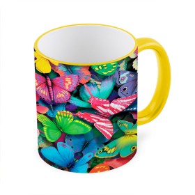 Кружка с принтом Радужный рой в Петрозаводске, керамика | ёмкость 330 мл | бабочка | бабочки | белый | бирюзовый | зеленый | красный | розовый | серый | синий | фиолетовый | яркий цвет