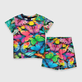 Детский костюм с шортами 3D с принтом Радужный рой в Петрозаводске,  |  | бабочка | бабочки | белый | бирюзовый | зеленый | красный | розовый | серый | синий | фиолетовый | яркий цвет