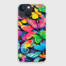 Чехол для iPhone 13 mini с принтом Радужный рой в Петрозаводске,  |  | бабочка | бабочки | белый | бирюзовый | зеленый | красный | розовый | серый | синий | фиолетовый | яркий цвет